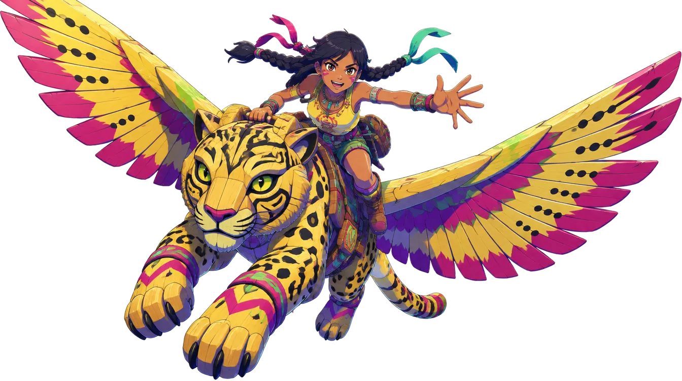 Pia Marrow menunggang Talonpaw, ocelot kayu bersayap elang, terbang keluar dari layar