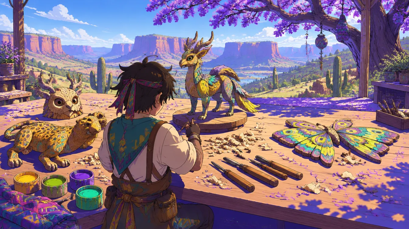 Tangkapan in-game dari belakang bahu: Carver di meja ukir di bawah pohon jacaranda, bagian makhluk kayu dan empat pot cat di atas meja